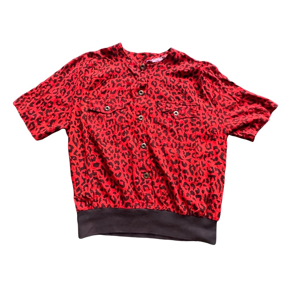 Red Black Leopard Print Short Sleeve Button Up Banded Hem Blouse Top